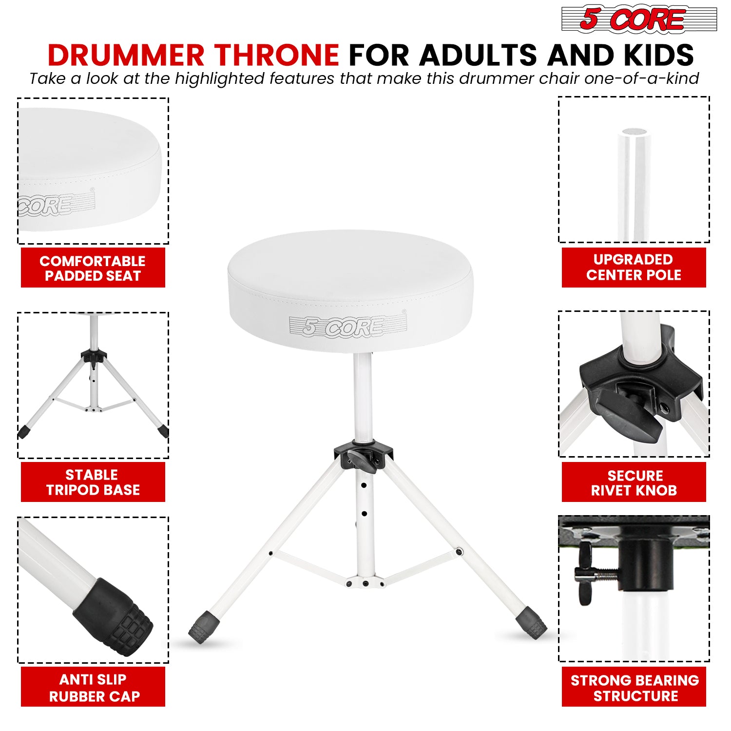 Adjustable Drum Throne Padded Seat - Drummer Stool