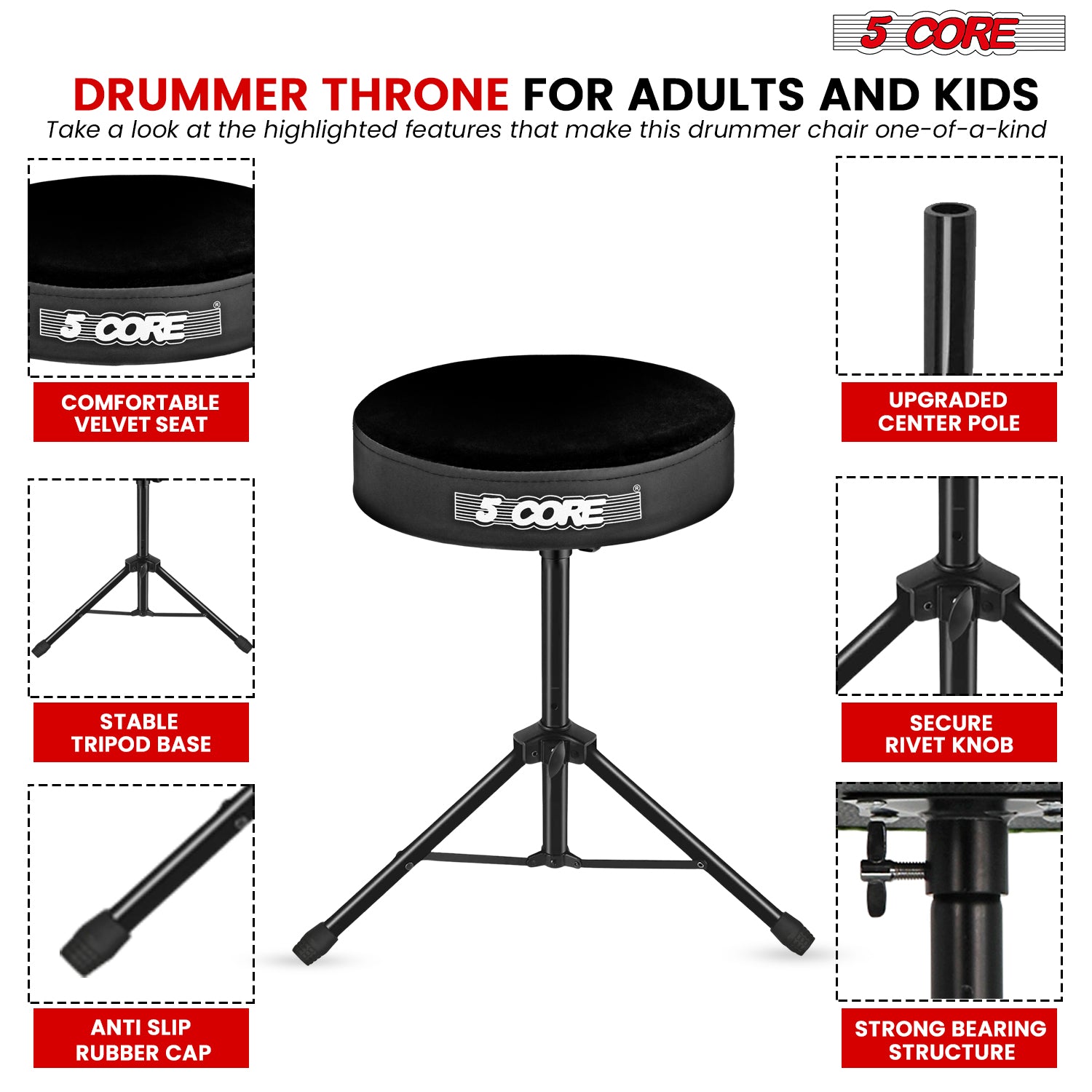 Adjustable Drum Throne Padded Seat - Drummer Stool