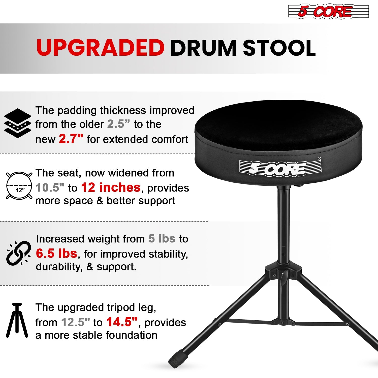 Adjustable Drum Throne Padded Seat - Drummer Stool