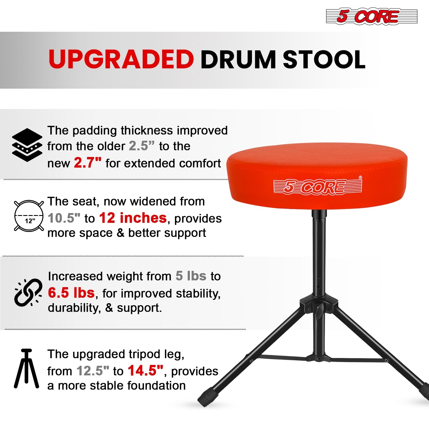 Adjustable Drum Throne Padded Seat - Drummer Stool
