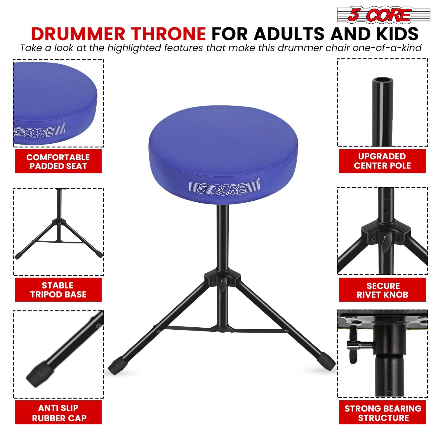 Adjustable Drum Throne Padded Seat - Drummer Stool