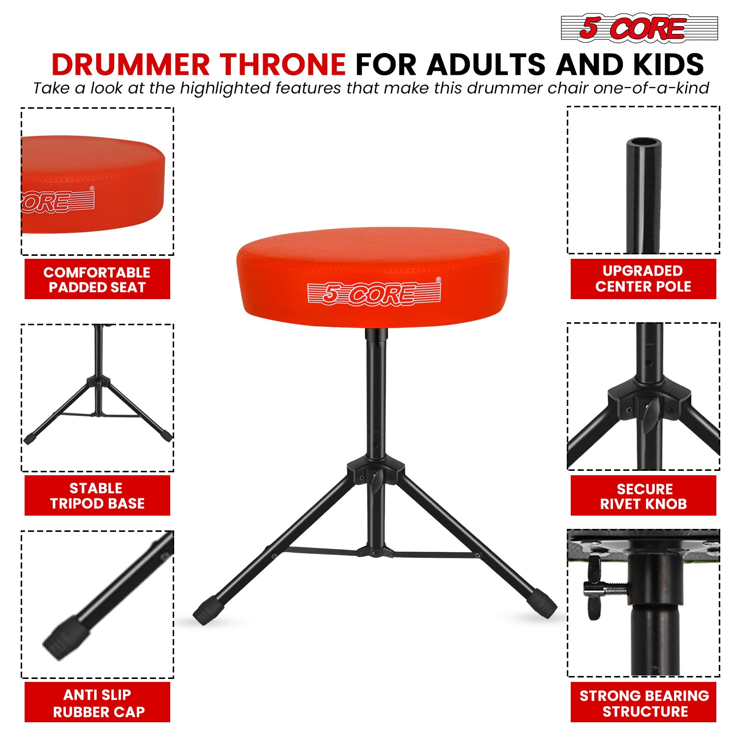 Adjustable Drum Throne Padded Seat - Drummer Stool