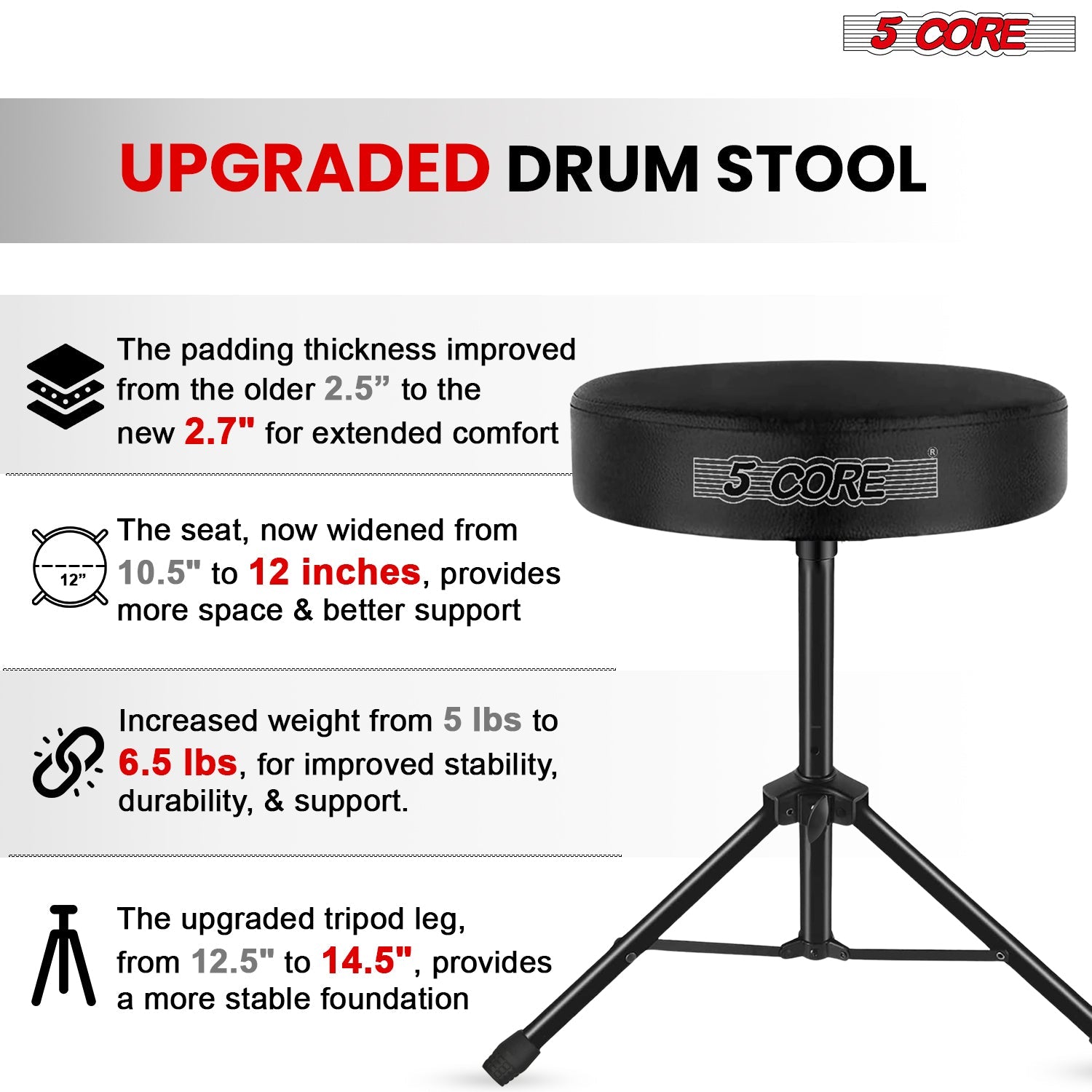 Adjustable Drum Throne Padded Seat - Drummer Stool