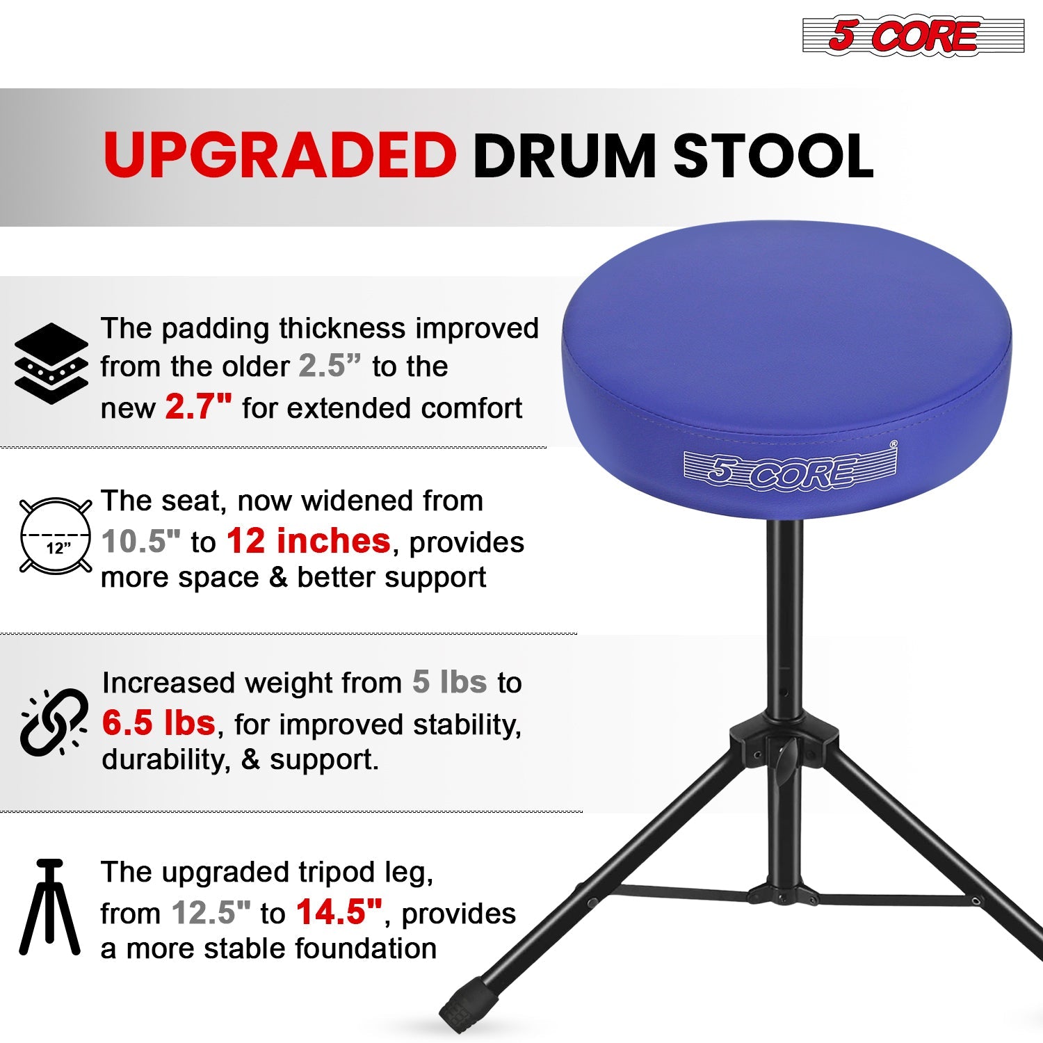 Adjustable Drum Throne Padded Seat - Drummer Stool